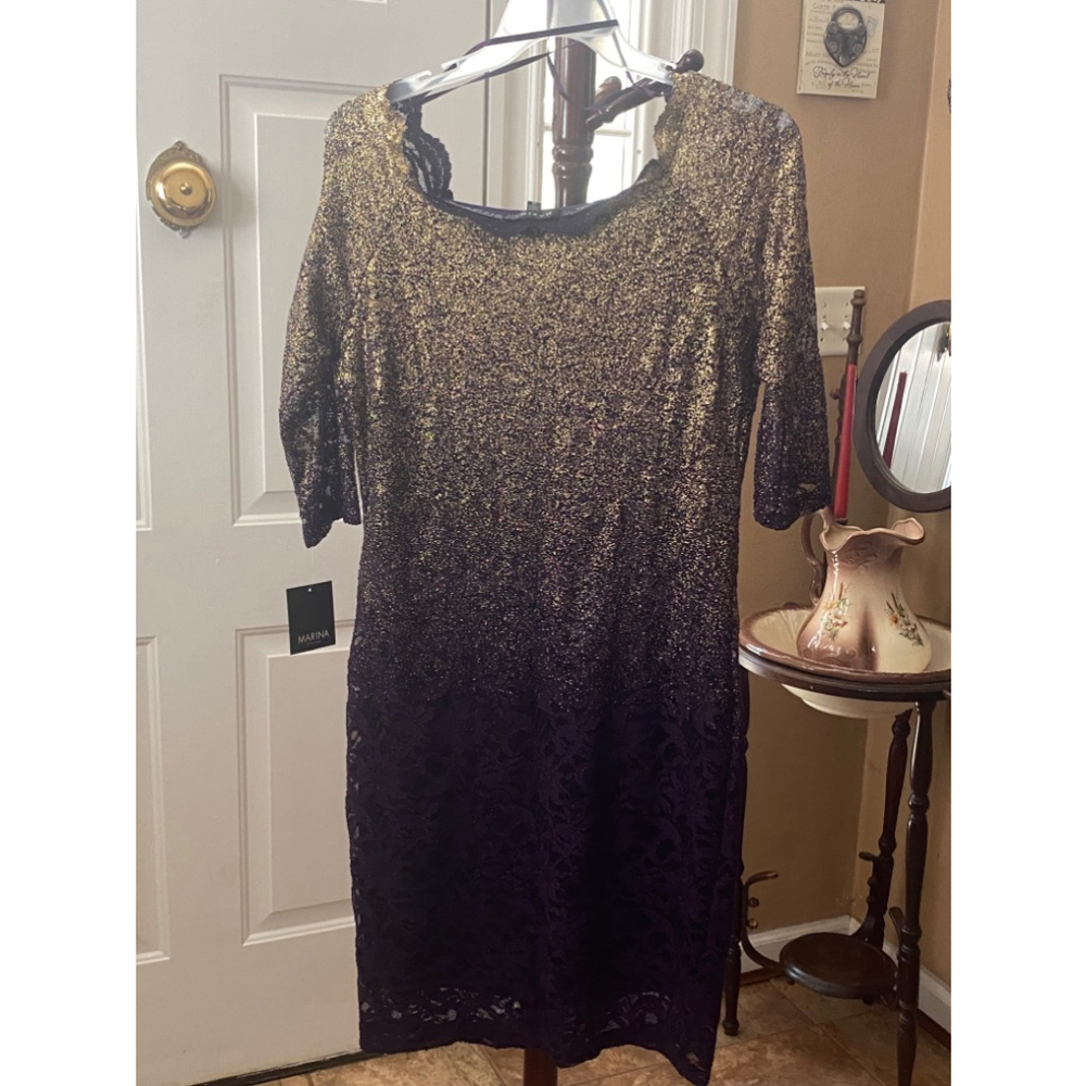 MARINA GOLD & PURPLE LACE DRESS SIZE  14 - Picture 8 of 8